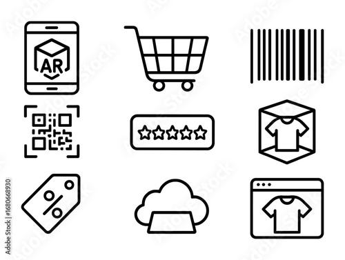 AR Shopping Icons. Outline icon set of AR shopping apps: smartphone screen, shopping cart, barcode, QR code,