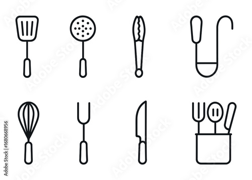 Cooking Utensil Icons. Outline icon set of cooking utensils: spatula, slotted spoon, tongs, ladle, whisk, fork