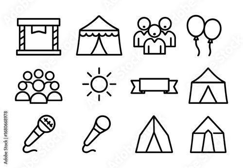 Festival Choir Icons. Outline icon set of festival choir: outdoor stage, tent, singers, balloons, crowd, sun,