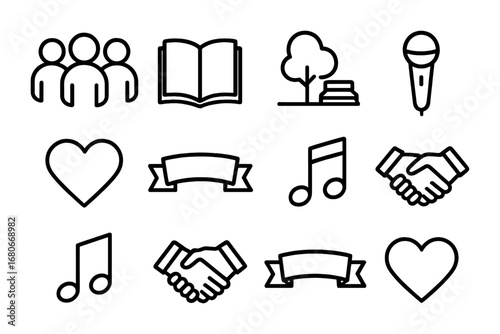 Community Singing Icons. Outline icon set of community singing: group of people, open book, park, microphone,