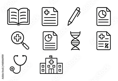 Medical Icon Outline Set. Outline icon set of medical publications: open book, document, pen, magnifying glass