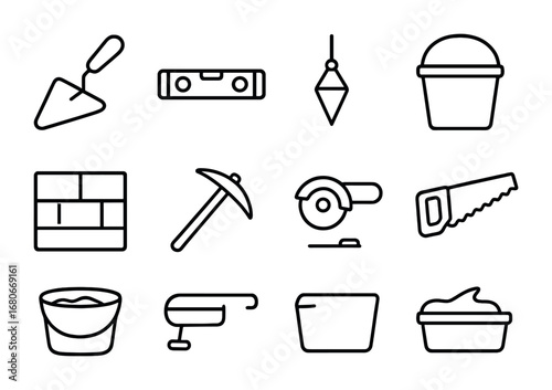 Masonry Tool Icons. Outline icon set of masonry tools: trowel, level tool, plumb line, bucket, mortar, pickaxe