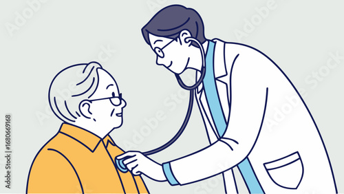 Doctor Examining Elderly Patient with Stethoscope. Medical Checkup and Healthcare Consultation for Senior Citizen. Line Art Illustration of Geriatr...