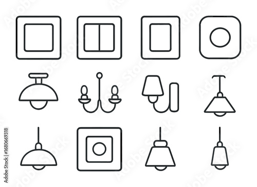 Lighting Switches Icon Set. Outline icon set of home lighting switches: wall plate, double switch, rocker