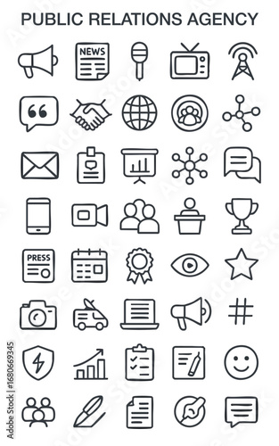 Political icon set with primaries, caucus, general election, electoral college, voter turnout, swing state, political poll, public opinion, political debate icon. Simple outline color vector