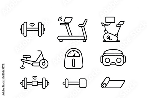 Gym Tech Icons. Outline icon set of gym tech: smart dumbbell, connected treadmill, stationary bike with screen