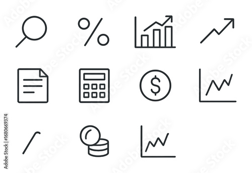 Bond Yield Icons. Outline icon set of bond yield analysis: magnifying glass, percentage, chart, upward arrow,