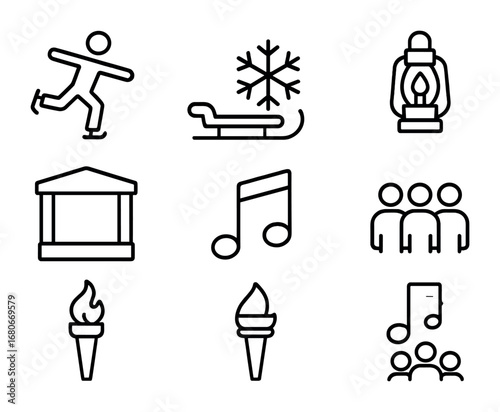 Ice Festival Icons. Outline icon set of ice festival activities: skating figure, sled, snowflake, lantern,
