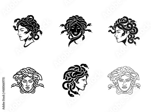 Medusa Head Vector Illustrations Set with Snake Hair - Mythological Gorgon Icons
