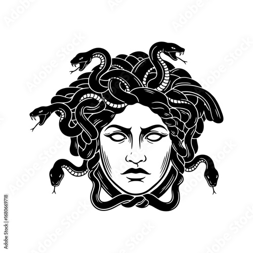 Medusa Head Vector Illustration with Snakes as Hair, Ancient Greek Mythology Gorgon Graphic