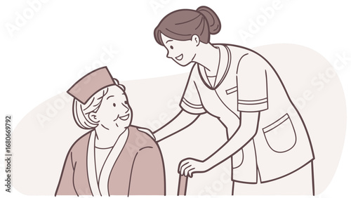 Compassionate Caregiver Assisting Smiling Elderly Woman with Walking Stick, Providing Support and Empathy in a Gentle Healthcare Illustration