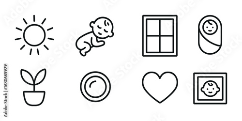 Newborn Light Icons. Outline icon set of natural light newborn photos: sun, baby, window, blanket, plant, lens