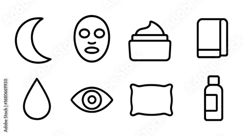 Nighttime Skincare Icons. Outline icon set of skincare before bed: moon, face mask, cream jar, towel, droplet,