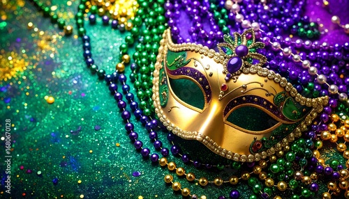 Ornate venetian carnival mask adorned with beads set against a colorful mardi gras backdrop