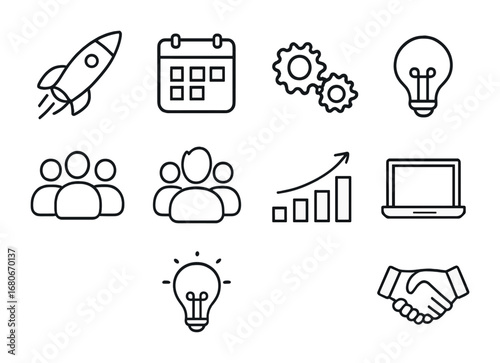 Startup Icon Set. Outline icon set of startup accelerator programs: rocket, calendar, group of people, gears,