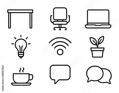 Coworking Space Icons. Outline icon set of coworking spaces: desk, chair, laptop, light bulb, Wi-Fi, plant,
