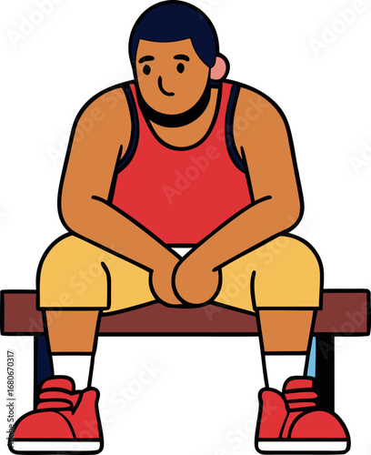 Athletic young man sitting on a wooden bench looking relaxed and content