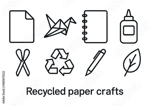Recycled Paper Icons. Outline icon set of recycled paper crafts: folded paper, origami, notebook, glue,