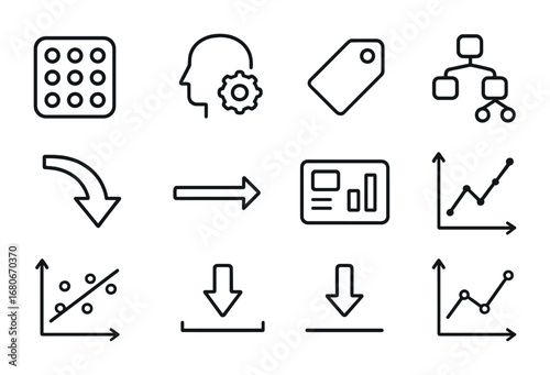 Supervised Learning Icons. Outline icon set of supervised learning flow: dataset, training icon, label tag,