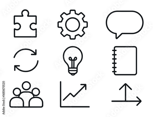 Problem-Solving Icons Grid. Outline icon set of problem-solving sessions: puzzle piece, gear, speech bubble,