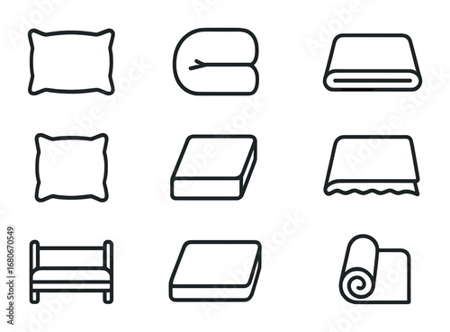 Bedding Accessories Icons. Outline icon set of bedding accessories: pillow, duvet, blanket, cushion, mattress