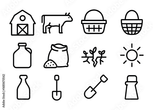 Rural Food Insecurity Icons. Outline icon set of rural food insecurity: barn, cow, empty basket, cracked soil,