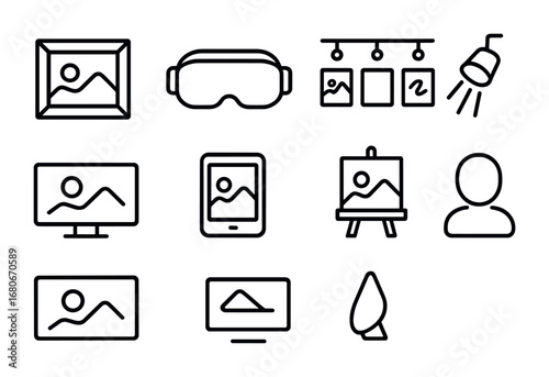 Digital Art Icon Set. Outline icon set of digital art galleries: framed artwork, virtual reality headset,