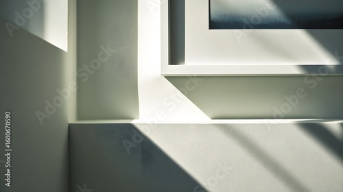 Sunlight casts dramatic shadows on a minimalist interior wall, highlighting architectural details and a subtle color palette.