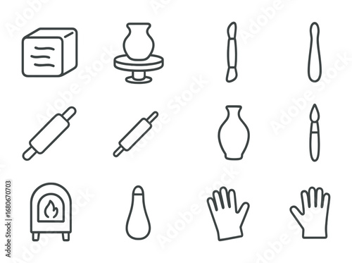 Pottery Icon Set. Outline icon set of clay and pottery: clay block, potter’s wheel, sculpting tool, rolling