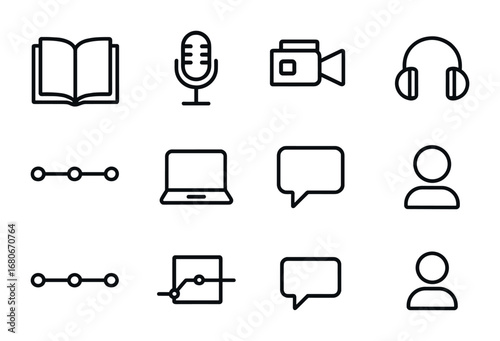 Digital Storytelling Icons. Outline icon set of digital storytelling: open book, microphone, video camera,