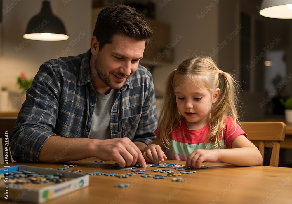 Fototapeta premium Father and daughter enjoying puzzle time