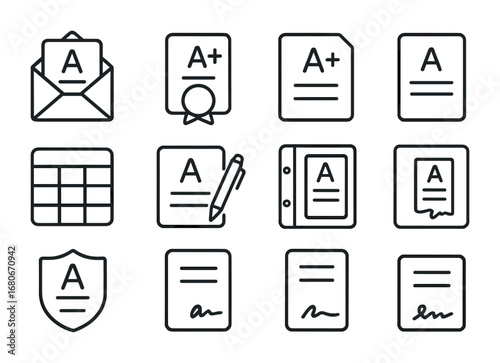Report Card Icons. Outline icon set of report cards: envelope, certificate, grade A+, table, pen, binder,