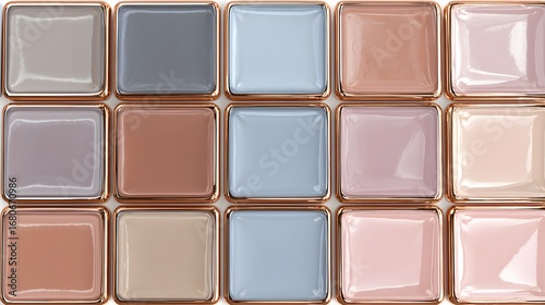 A  grid of glossy squares in muted pastel and rose tones, framed by rose gold accents, creates a sophisticated palette.