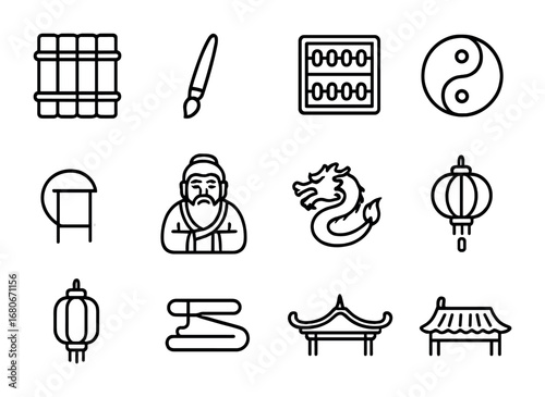 Chinese Education Icons. Outline icon set of Chinese classical education: bamboo scroll, ink brush, abacus,