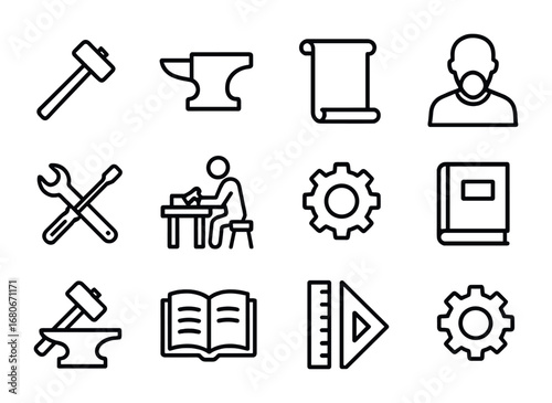 Historical Apprenticeships Icons. Outline icon set of apprenticeships in history: hammer, anvil, scroll,