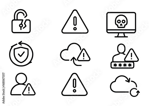 Data Security Icons. Outline icon set of data breach prevention: broken lock, exclamation warning, alert