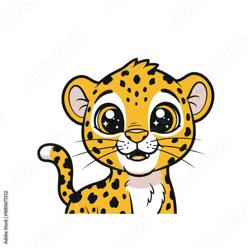 Cartoon Leopard Cub with Wide Eyes on White Background