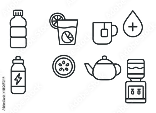 Hydration Icons Set. Outline icon set of hydration and nutrition: water bottle, lemon water glass, herbal