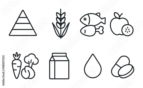 Balanced Nutrition Icons. Outline icon set of balanced nutrition: food pyramid, whole grains, proteins, fruits