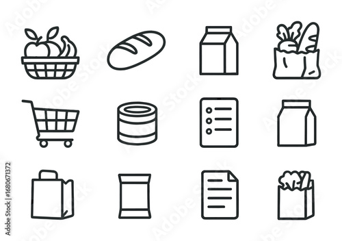 Grocery Icon Set. Outline icon set of grocery errands: fruit basket, bread loaf, milk carton, vegetable bag,