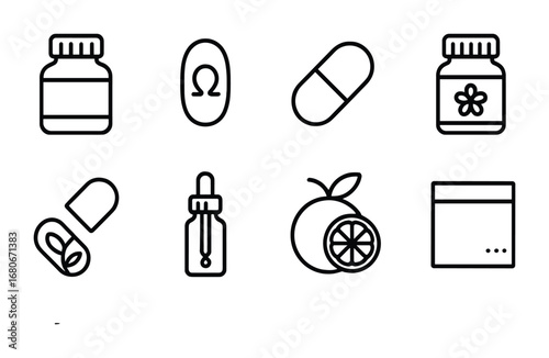 Vitamin Icon Set. Outline icon set of vitamins and supplements: vitamin bottle, omega capsule, multivitamin