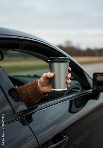 Person driving with coffee cup