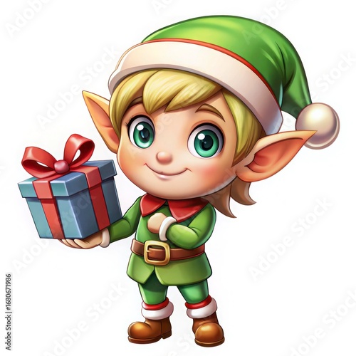 Cute chibi elf cartoon holding gift
