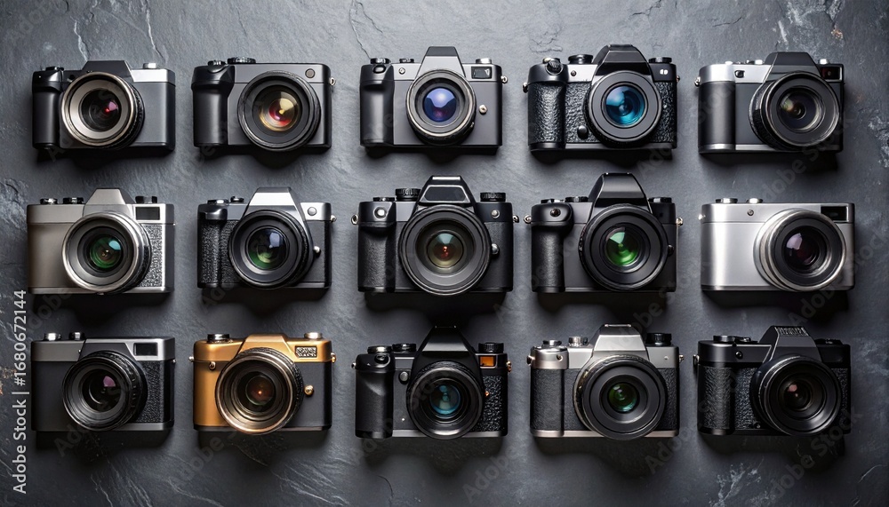 Obraz premium Captivating flat lay of various compact cameras on slate with stylish metallic background