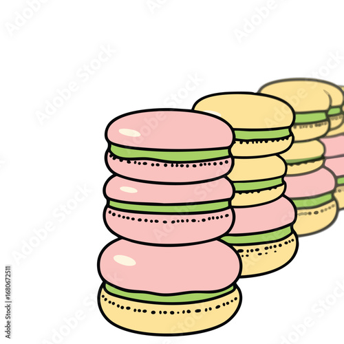 A stack of delicate macarons in pastel pink  green  and yellow are lined up in a colorful row. A flat vector graphic with bold black outlines and a simple color palette.