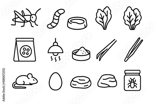 Reptile Feeding Essentials. Outline icon set of reptile feeding: cricket, mealworm, water dish, leafy greens,