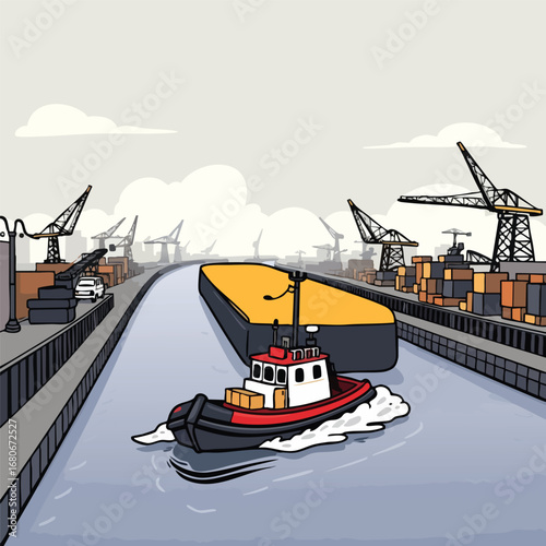 A small tugboat pushes a large barge down a busy  stylized industrial canal with cranes in the background. A cute cartoon scene with bold black outlines and a flat color scheme.