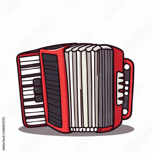 A simple red accordion is shown  ready to play a classic French tune with its black and white keys. A cartoon style image using flat colors and thick black outlines.