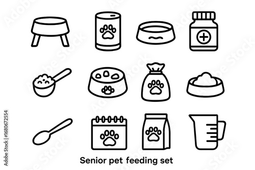 Senior Pet Feeding Icons. Outline icon set of senior pet feeding: raised bowl, soft food can, water dish,