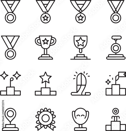 Set of award and achievement icons including medals trophies and podiums trophy prize